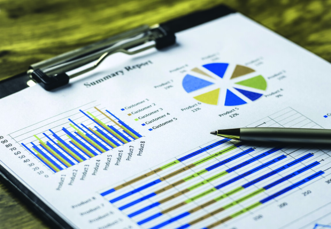 An example report showing graphs and bar charts